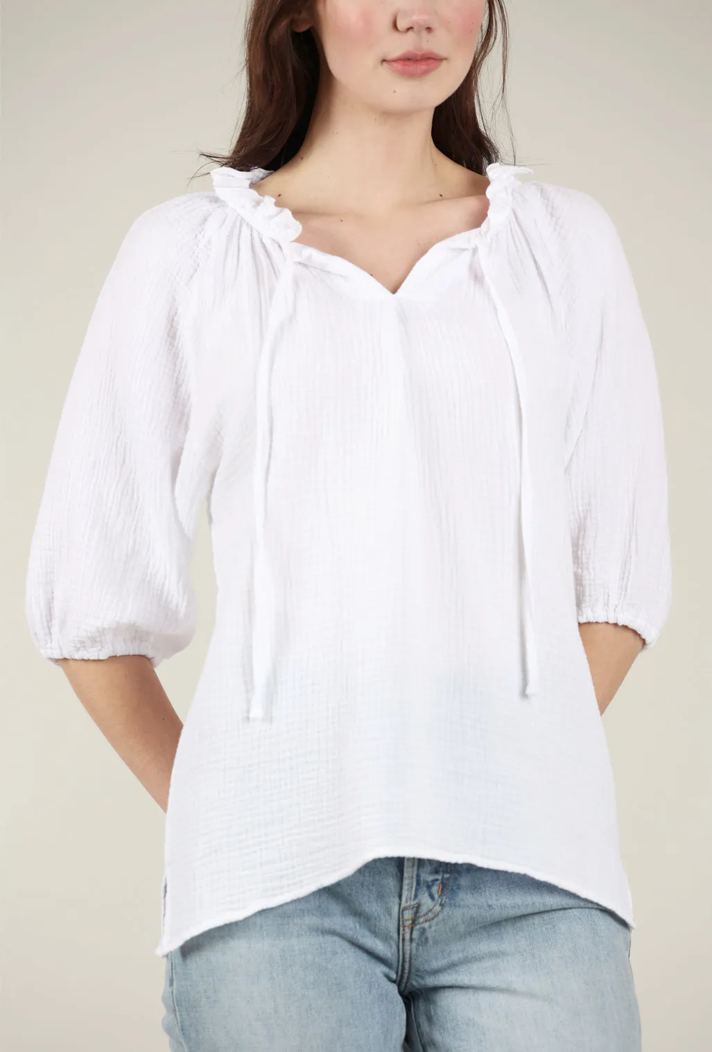 Cotton Gauze Peasant Top, White