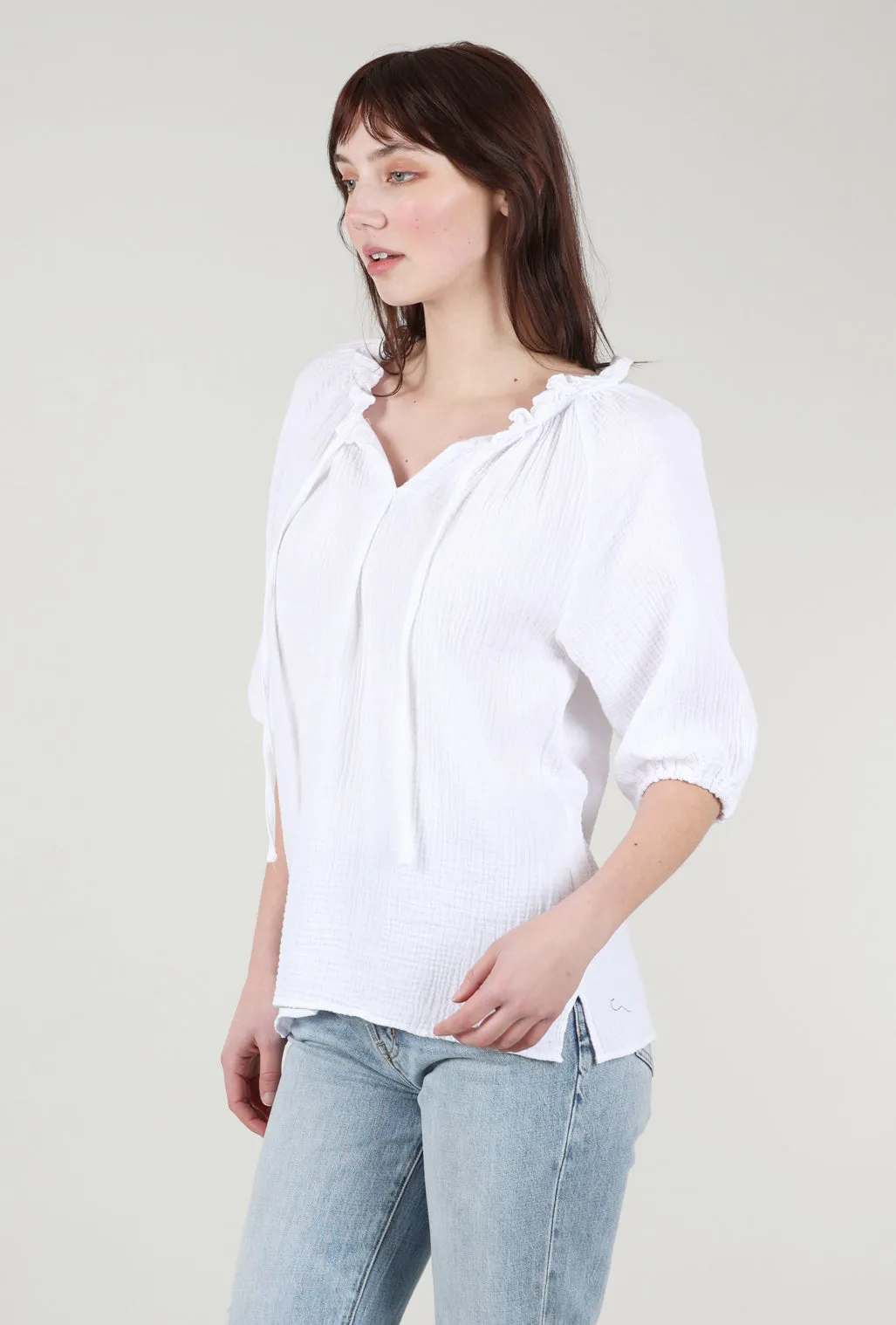 Cotton Gauze Peasant Top, White