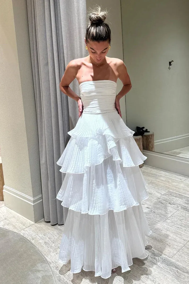 Cute A-Line Srapless Tiered Wedding Dresses Long Prom Dress