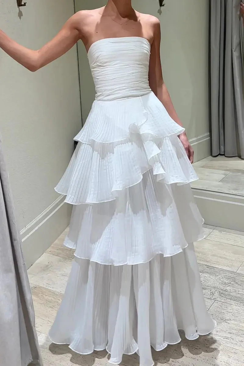 Cute A-Line Srapless Tiered Wedding Dresses Long Prom Dress