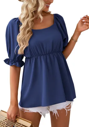 Dark Blue Blouses for Women Business Causal Peplum Dressy Tops Ruffle Puff Sleeve Elegant Work Tunic