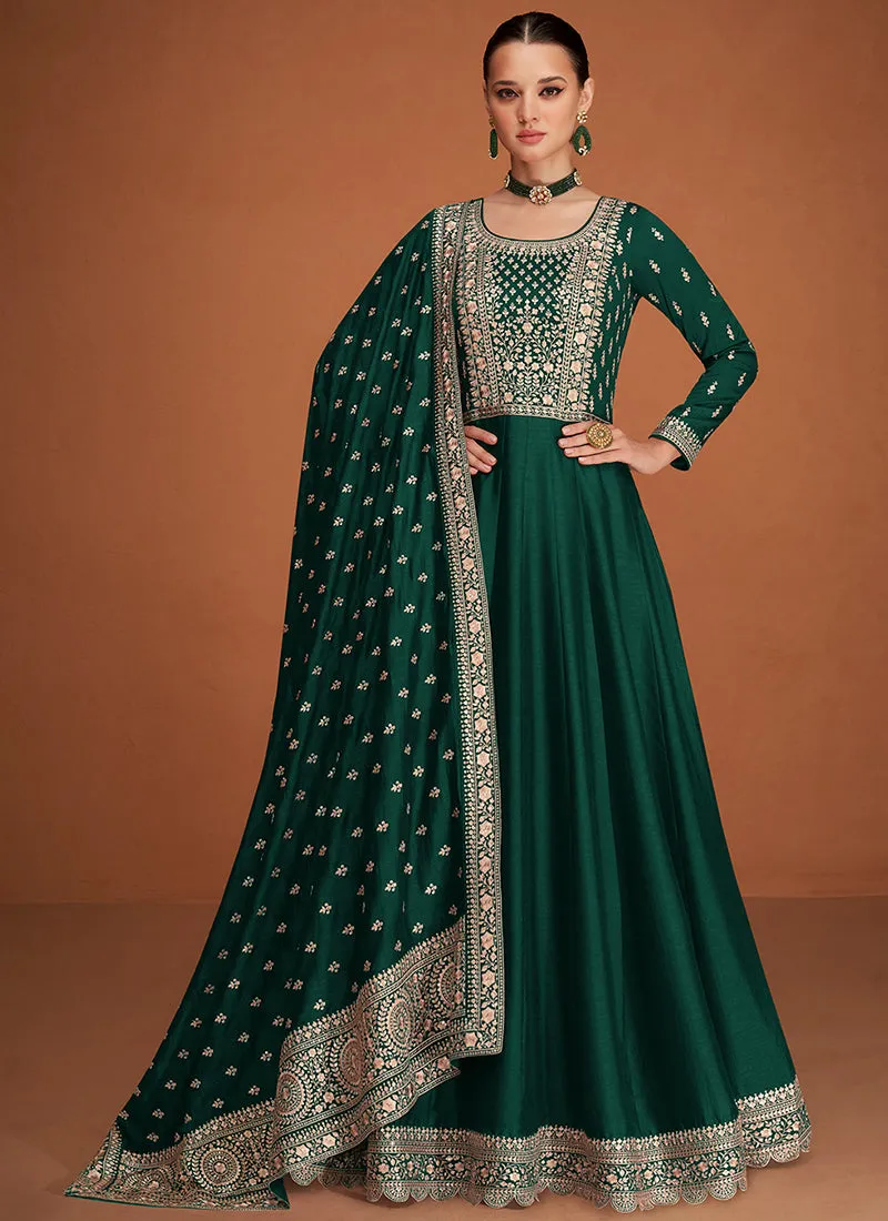 Dark Green Embroidery Traditional Anarkali Gown