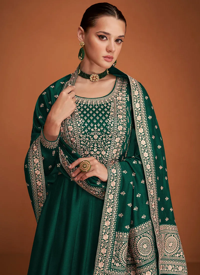 Dark Green Embroidery Traditional Anarkali Gown