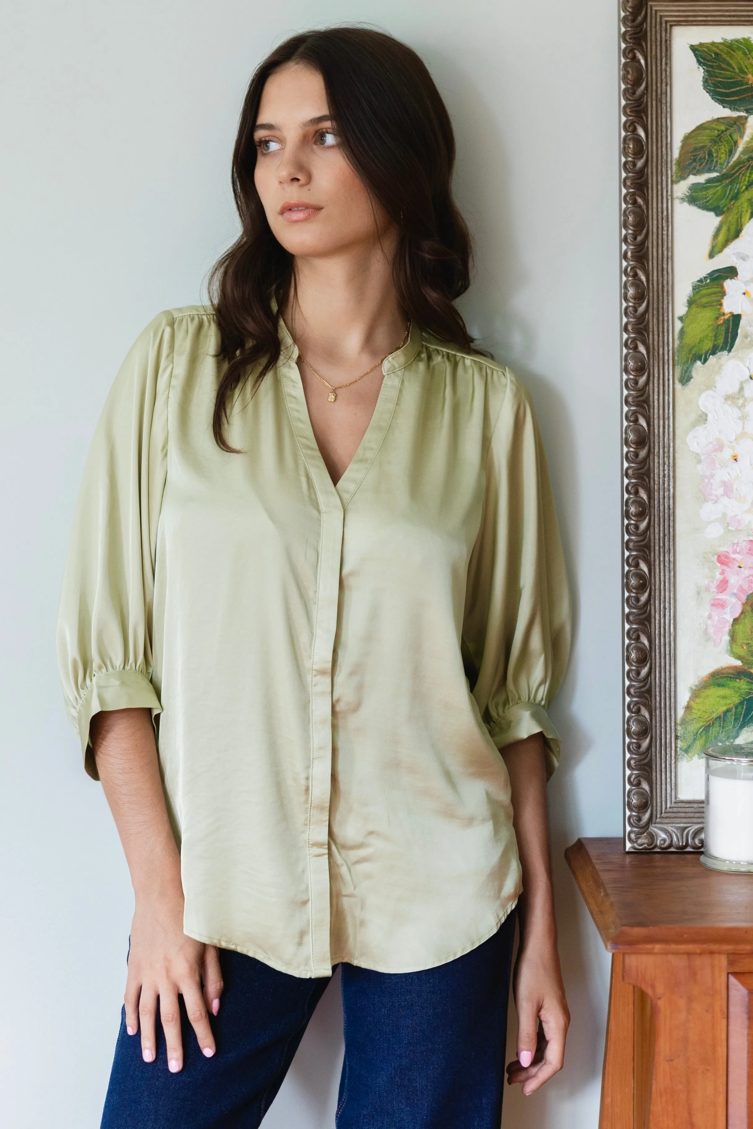 Deity Sage Satin Button Through Puff Sleeve Ss Blouse