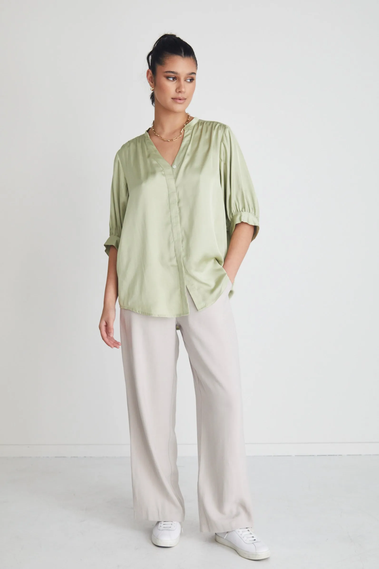 Deity Sage Satin Button Through Puff Sleeve Ss Blouse