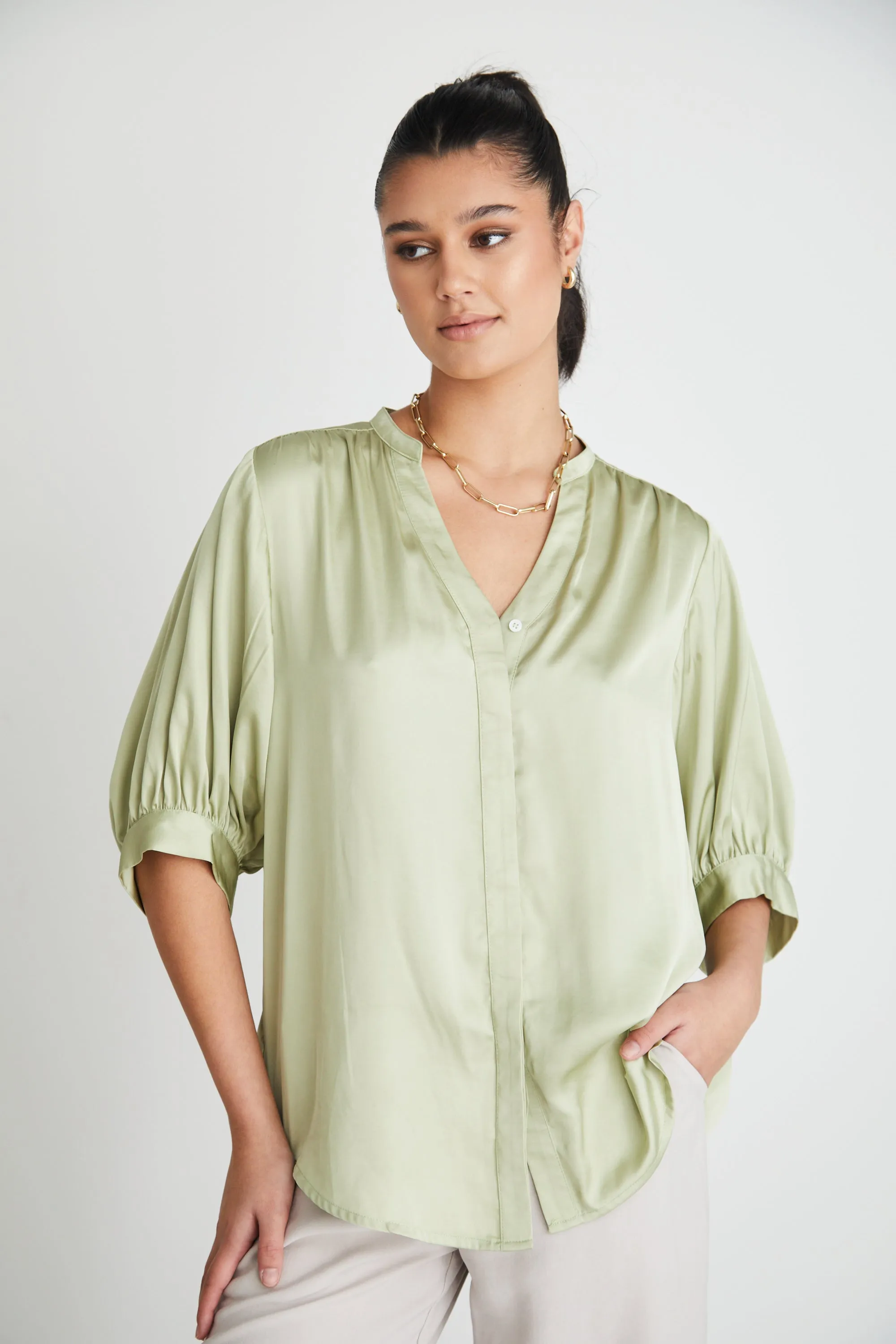 Deity Sage Satin Button Through Puff Sleeve Ss Blouse