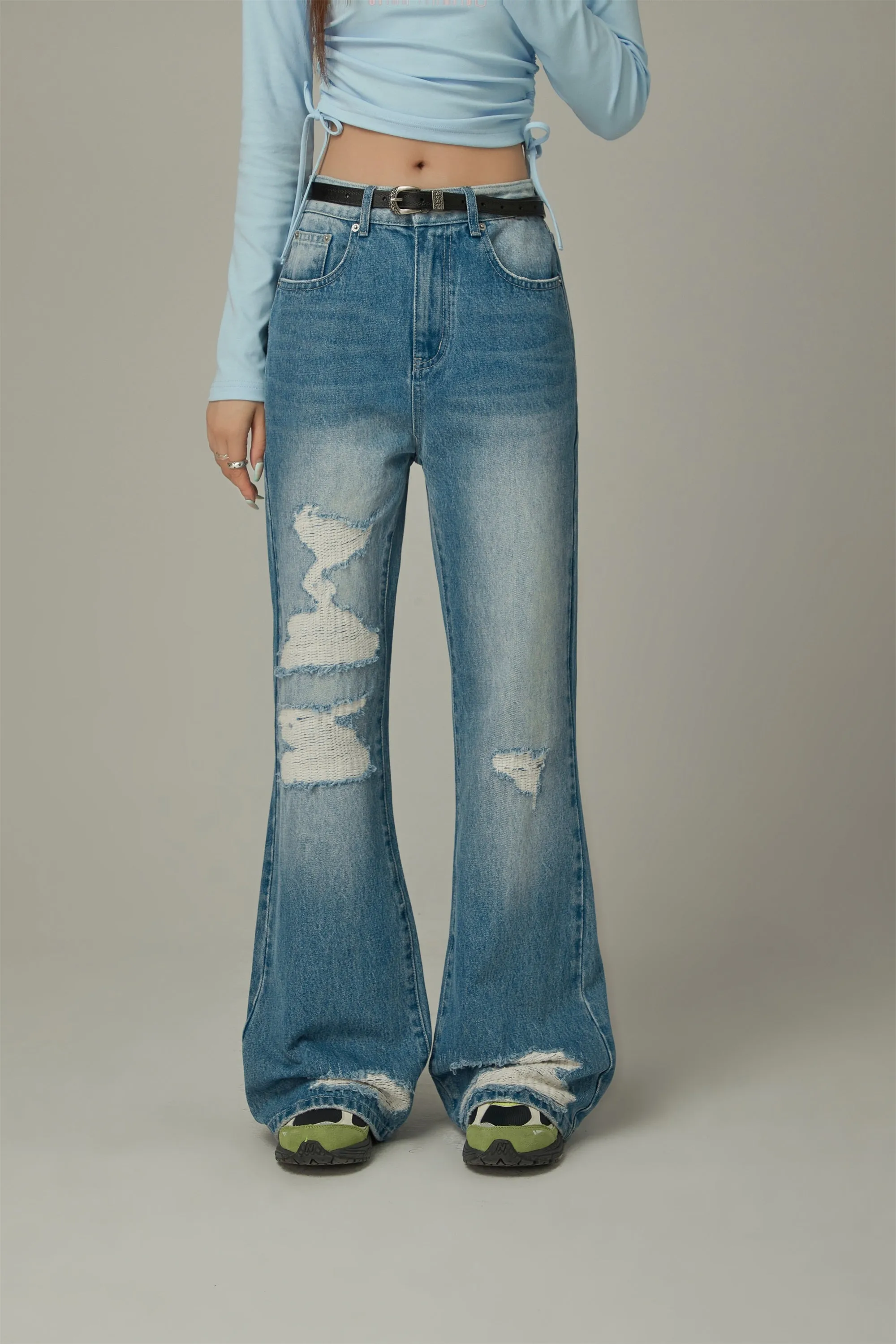 Distressed Ripped Bootcut Denim Jeans