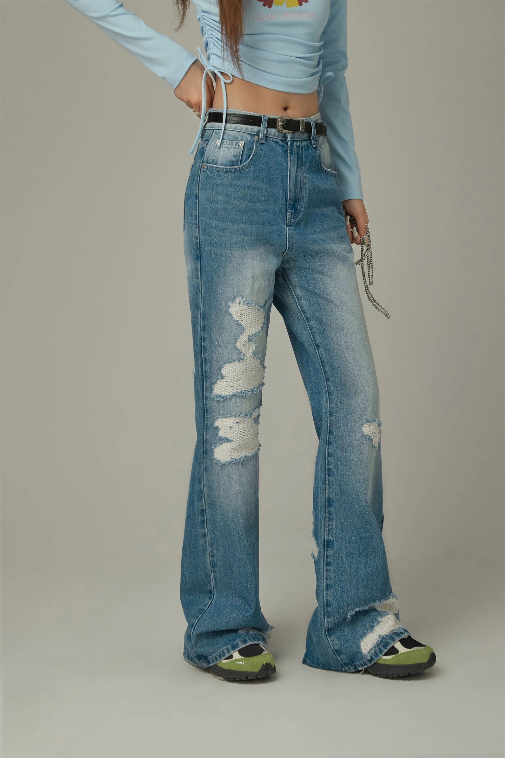 Distressed Ripped Bootcut Denim Jeans