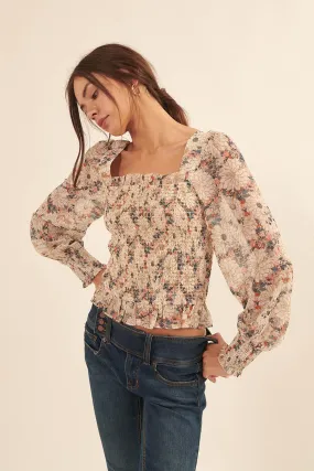 Embraceable You Smocked Floral Peasant Top