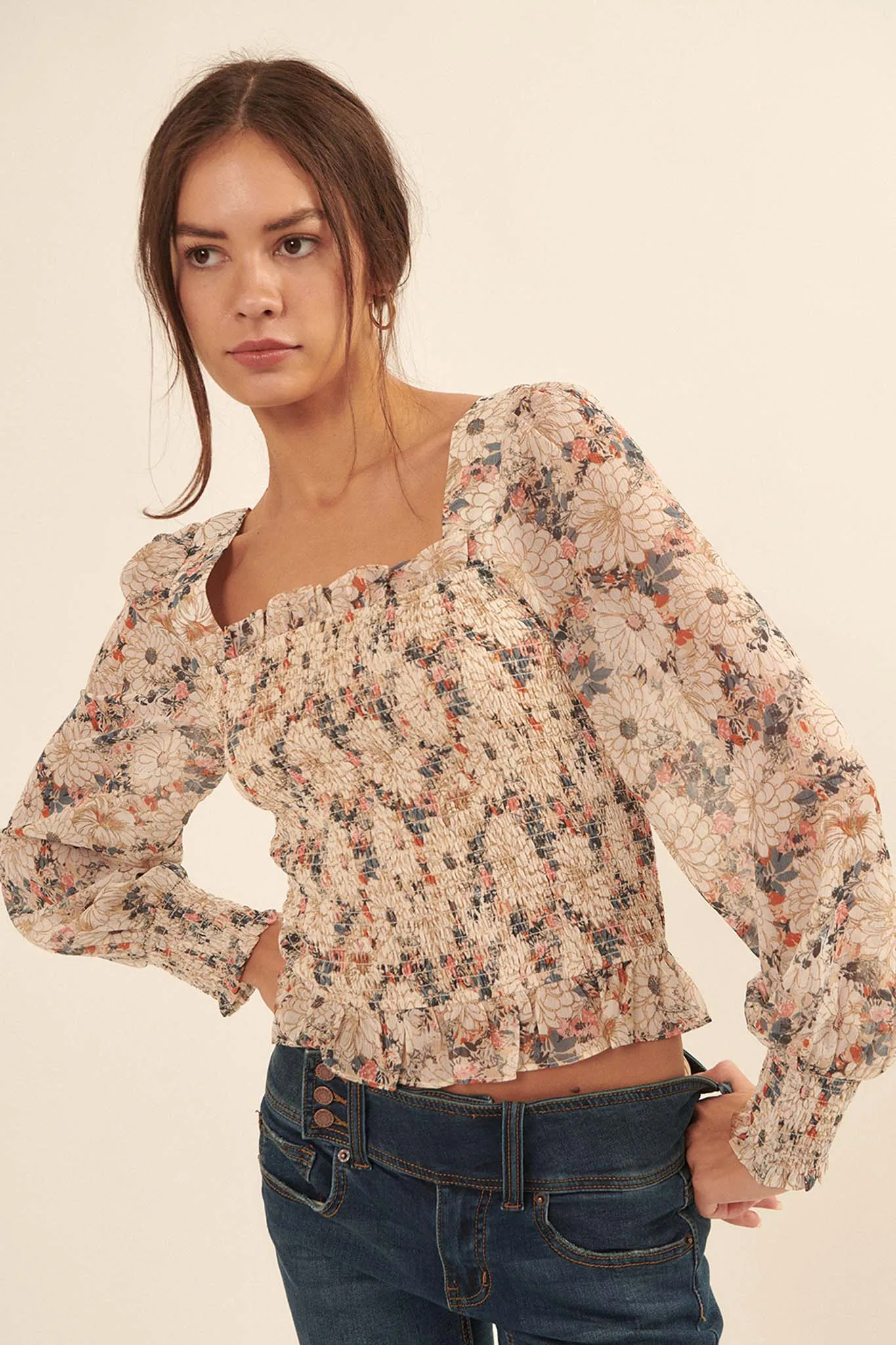 Embraceable You Smocked Floral Peasant Top