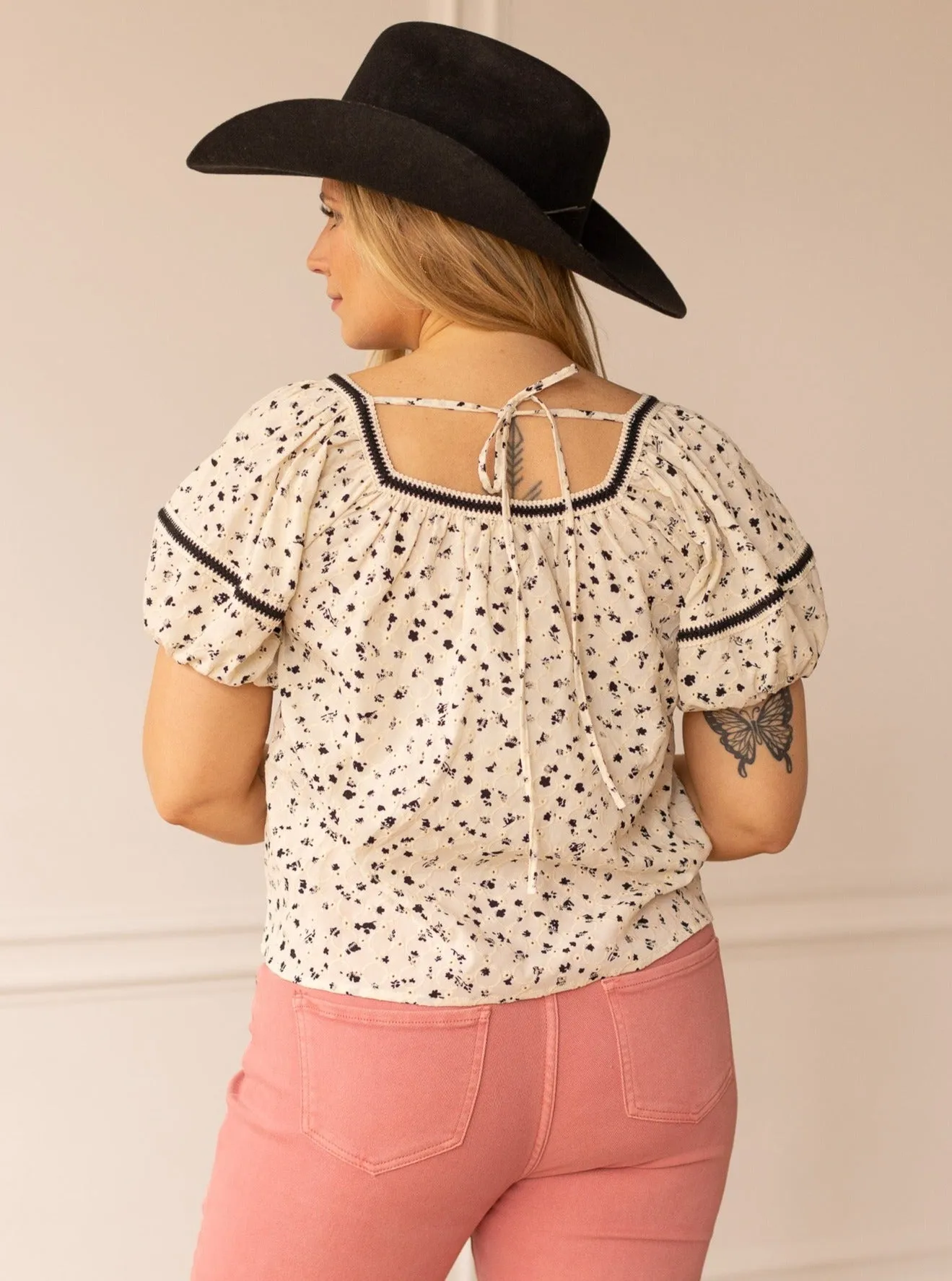 Eyelet Peasant Blouse, Black and White