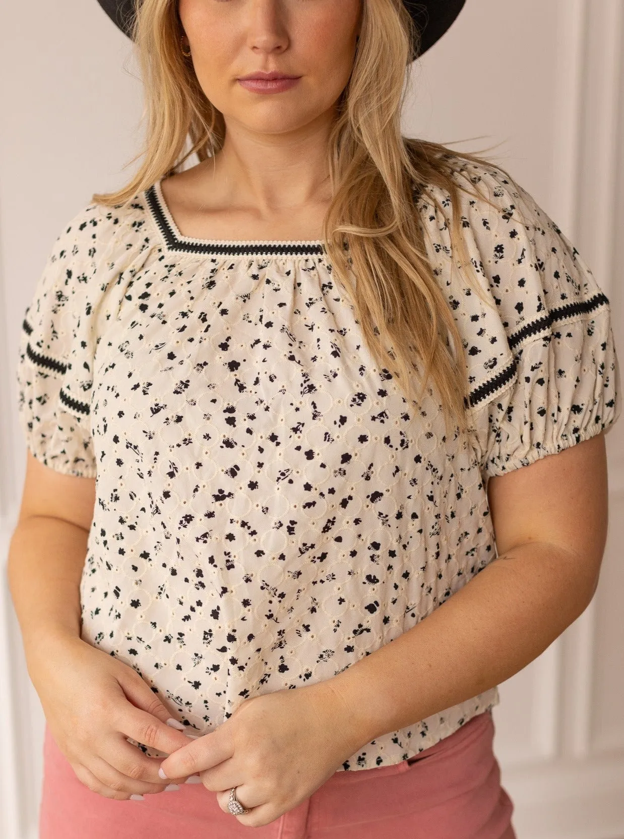 Eyelet Peasant Blouse, Black and White