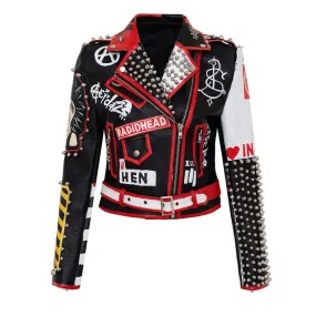 Faux Leather Graffiti Studded Moto Jacket