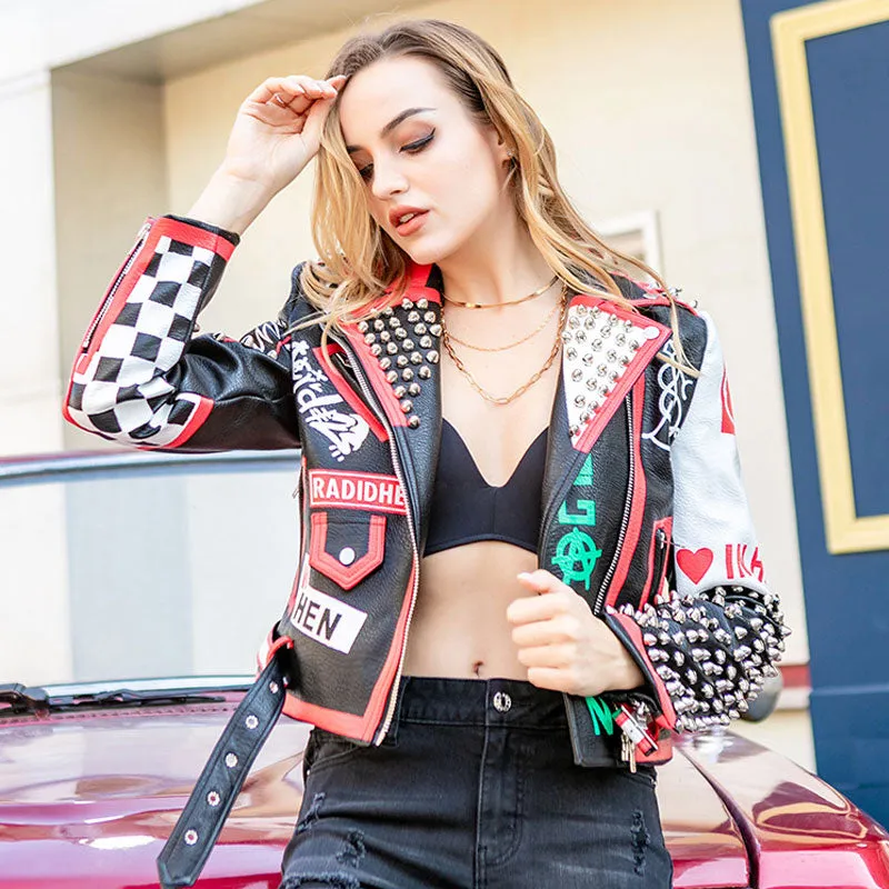 Faux Leather Graffiti Studded Moto Jacket