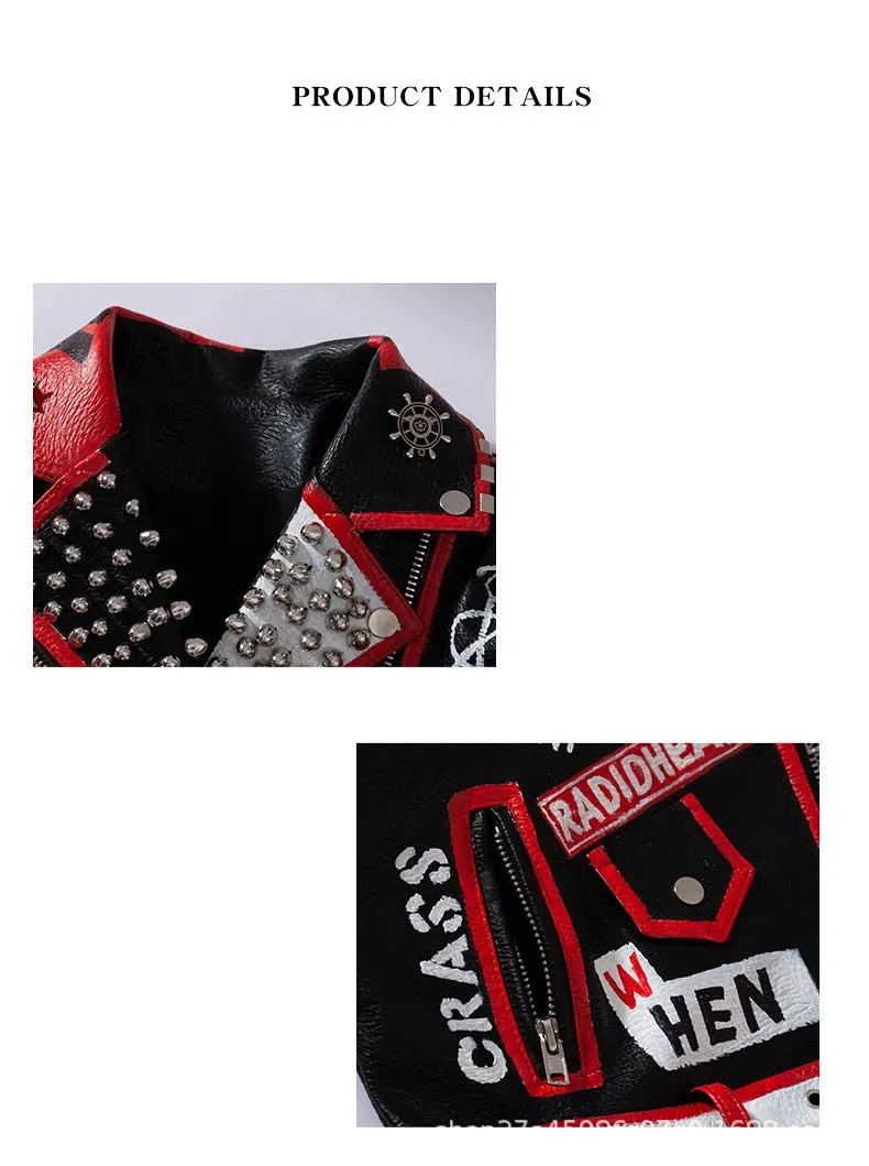 Faux Leather Graffiti Studded Moto Jacket