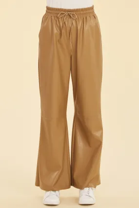 Faux Leather Wide Leg Drawstring Pants