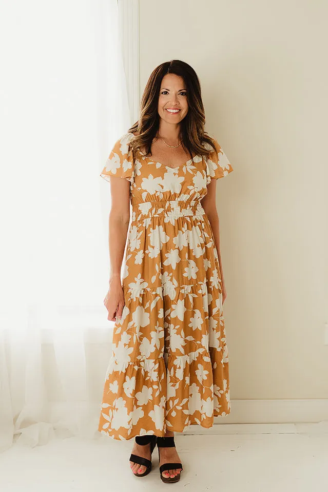 Floral Flounce Sleeve Tiered Midi