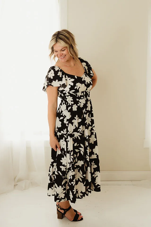 Floral Flounce Sleeve Tiered Midi