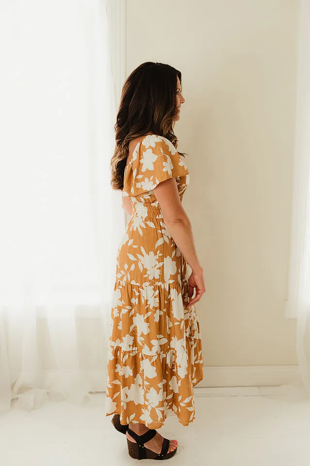 Floral Flounce Sleeve Tiered Midi