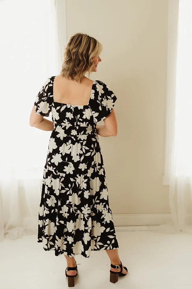 Floral Flounce Sleeve Tiered Midi