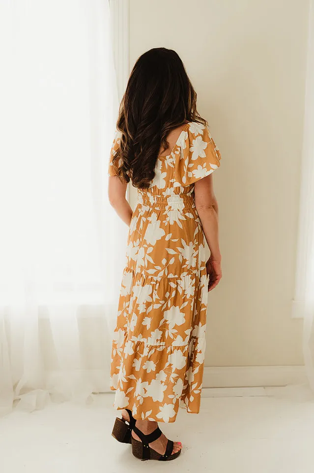 Floral Flounce Sleeve Tiered Midi