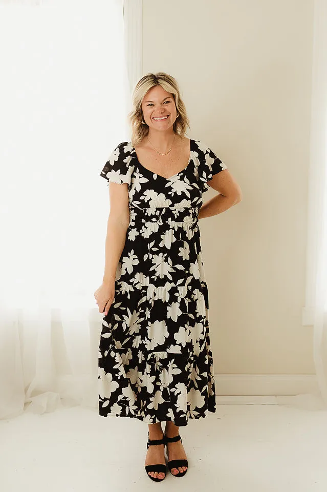 Floral Flounce Sleeve Tiered Midi