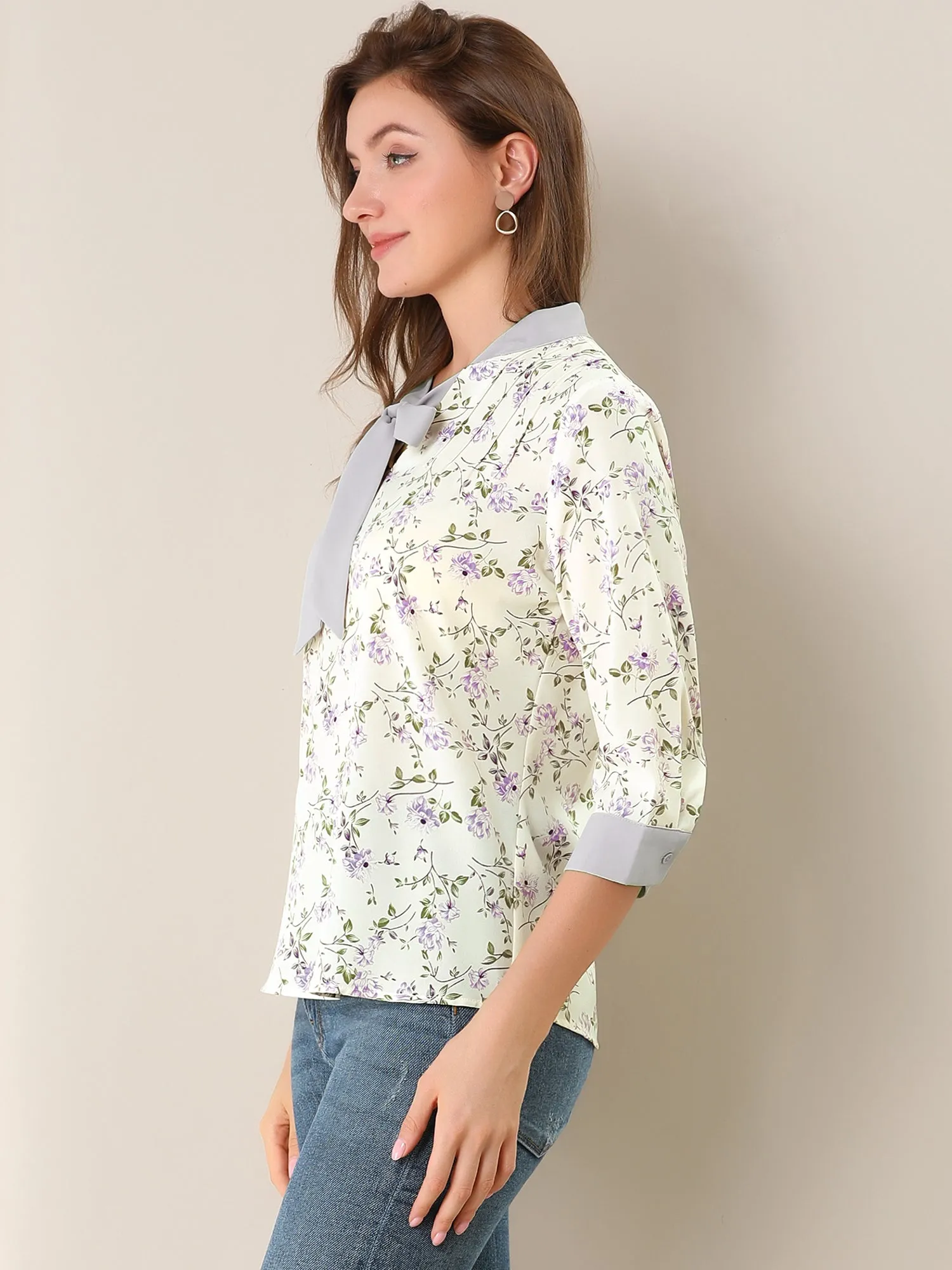 Floral Tops Bow Tie V Neck Contrast Trim 3/4 Sleeve Vintage Blouse