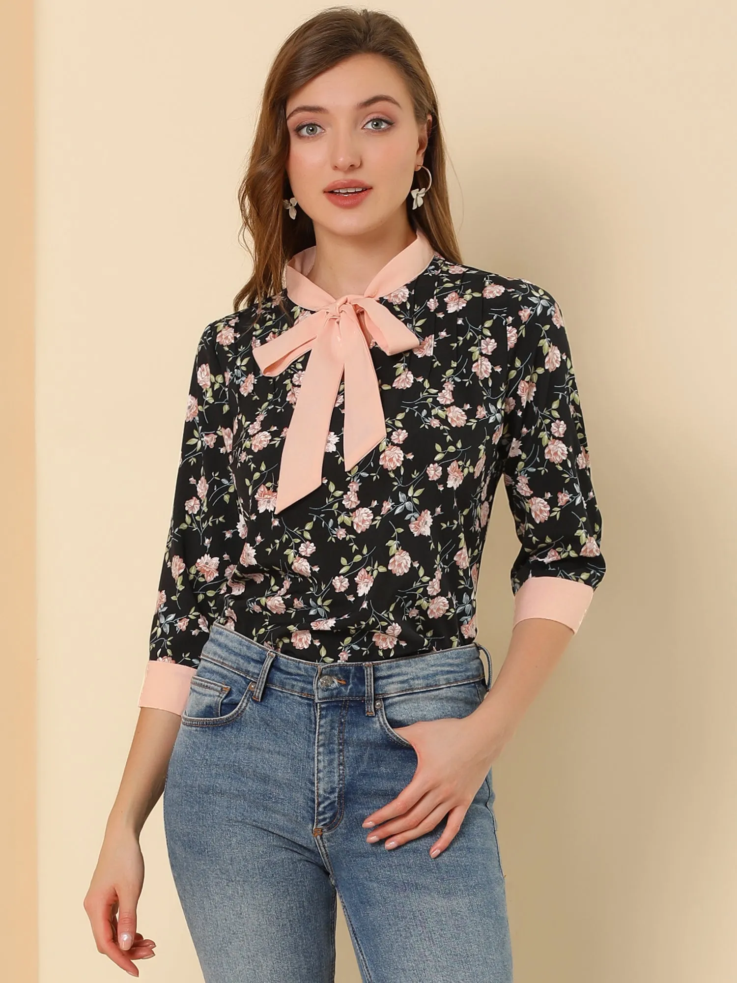 Floral Tops Bow Tie V Neck Contrast Trim 3/4 Sleeve Vintage Blouse