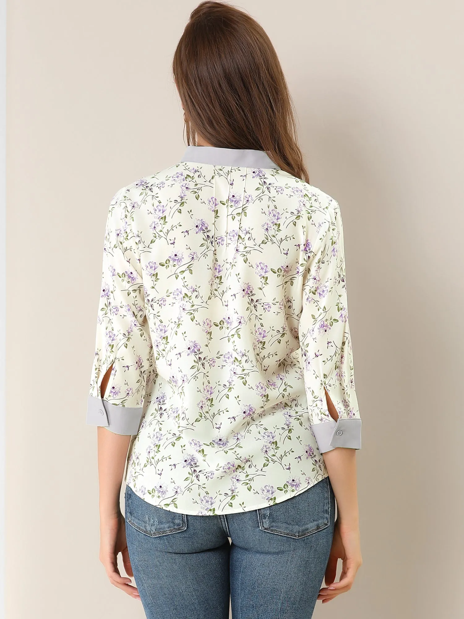 Floral Tops Bow Tie V Neck Contrast Trim 3/4 Sleeve Vintage Blouse