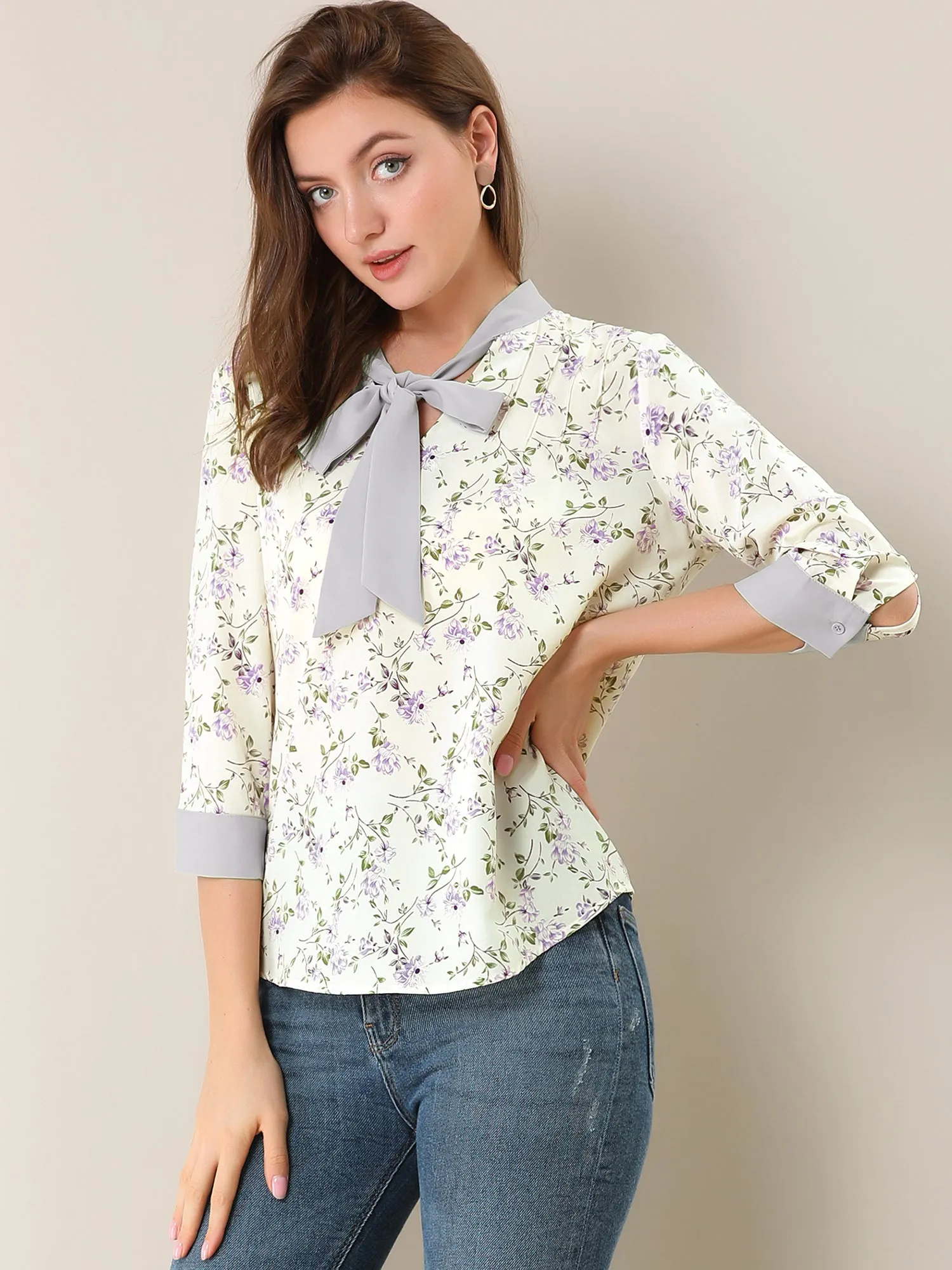 Floral Tops Bow Tie V Neck Contrast Trim 3/4 Sleeve Vintage Blouse