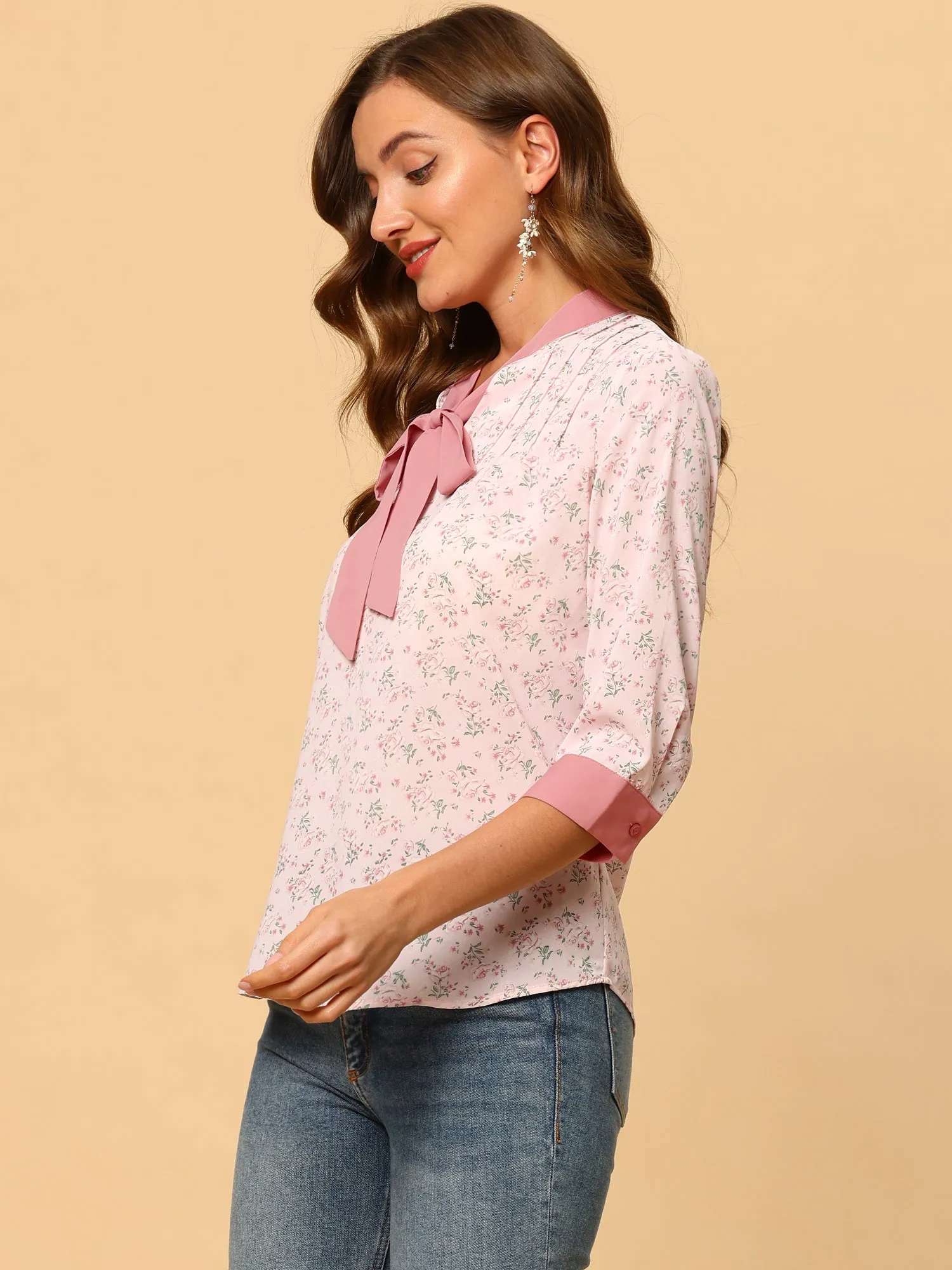 Floral Tops Bow Tie V Neck Contrast Trim 3/4 Sleeve Vintage Blouse