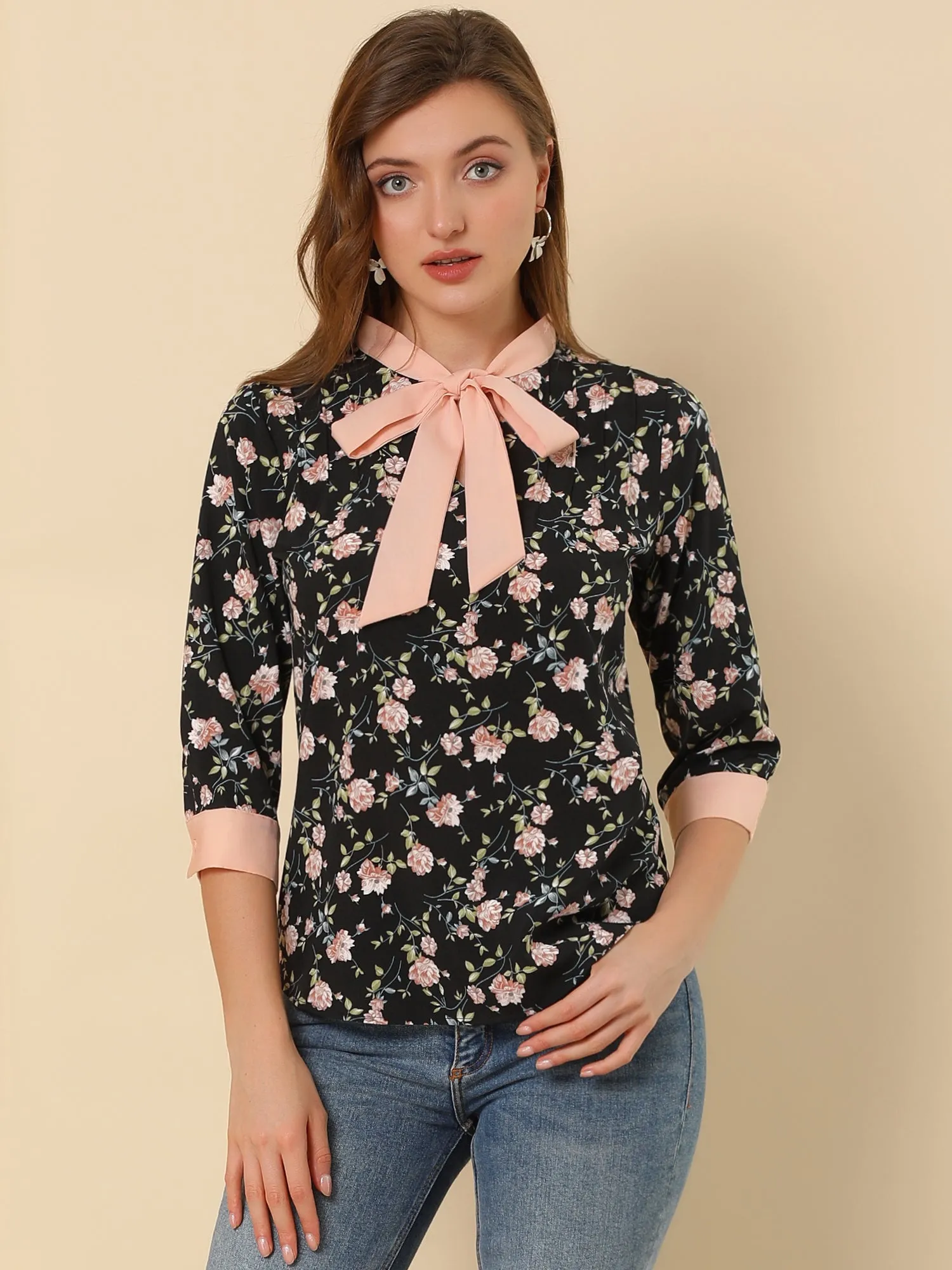 Floral Tops Bow Tie V Neck Contrast Trim 3/4 Sleeve Vintage Blouse