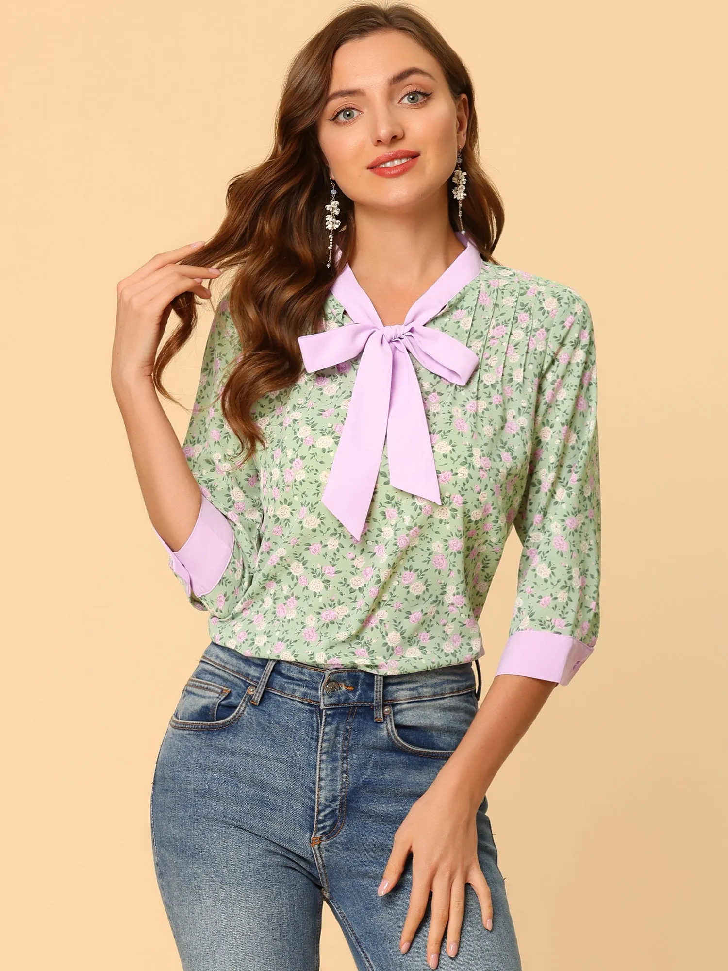 Floral Tops Bow Tie V Neck Contrast Trim 3/4 Sleeve Vintage Blouse