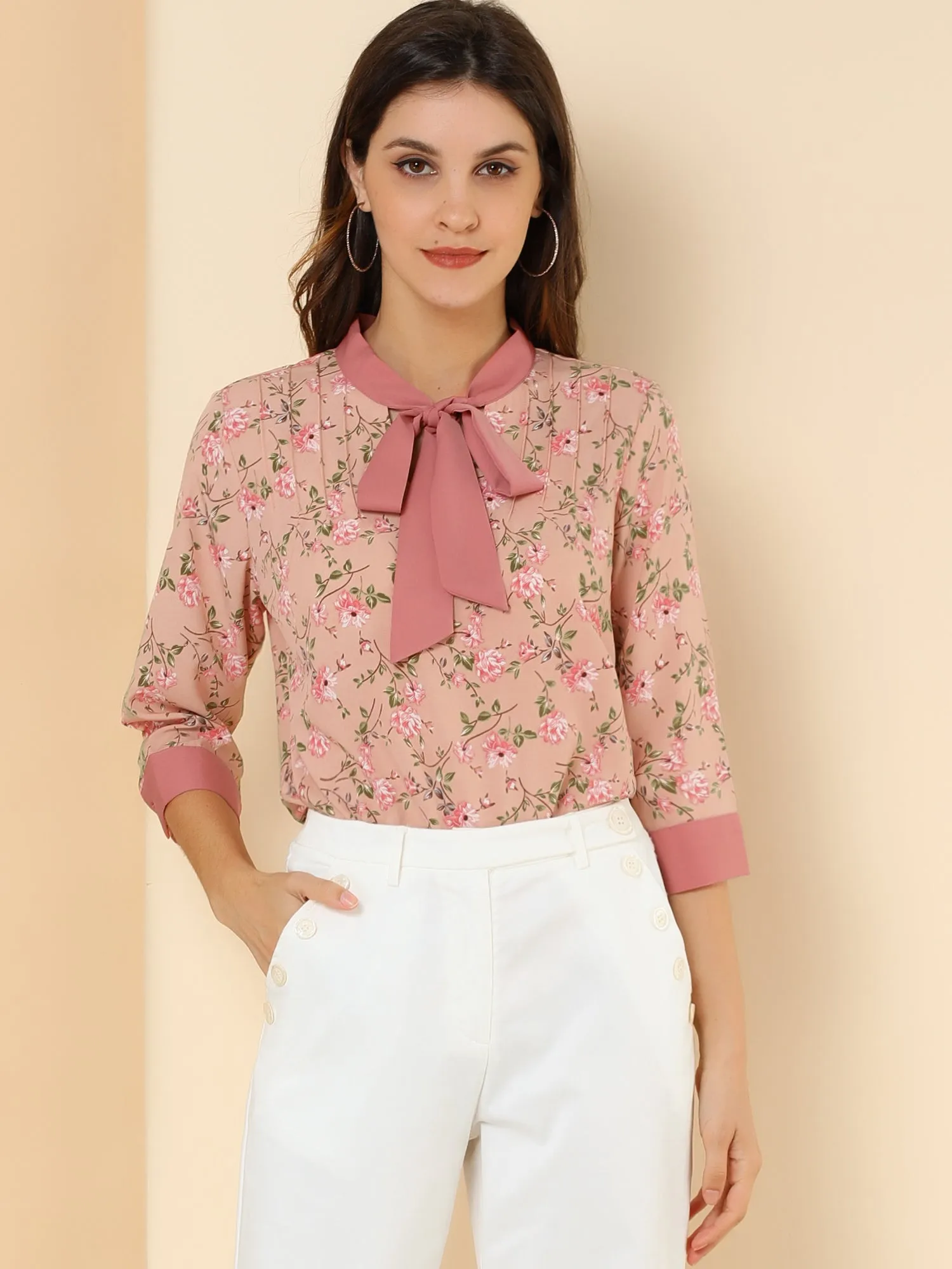 Floral Tops Bow Tie V Neck Contrast Trim 3/4 Sleeve Vintage Blouse