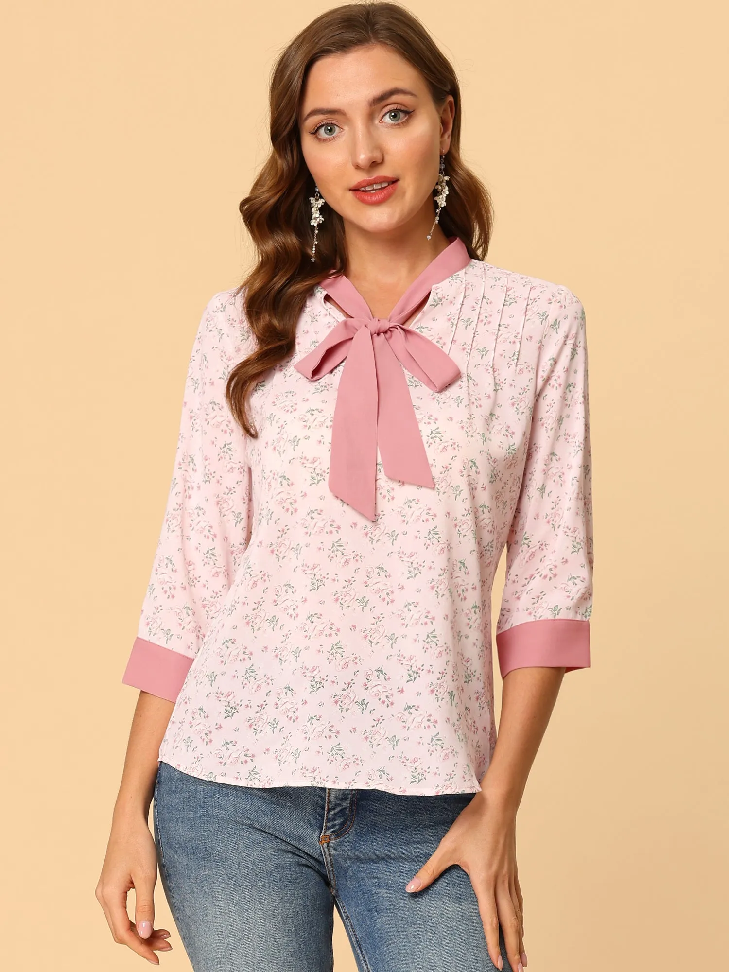 Floral Tops Bow Tie V Neck Contrast Trim 3/4 Sleeve Vintage Blouse