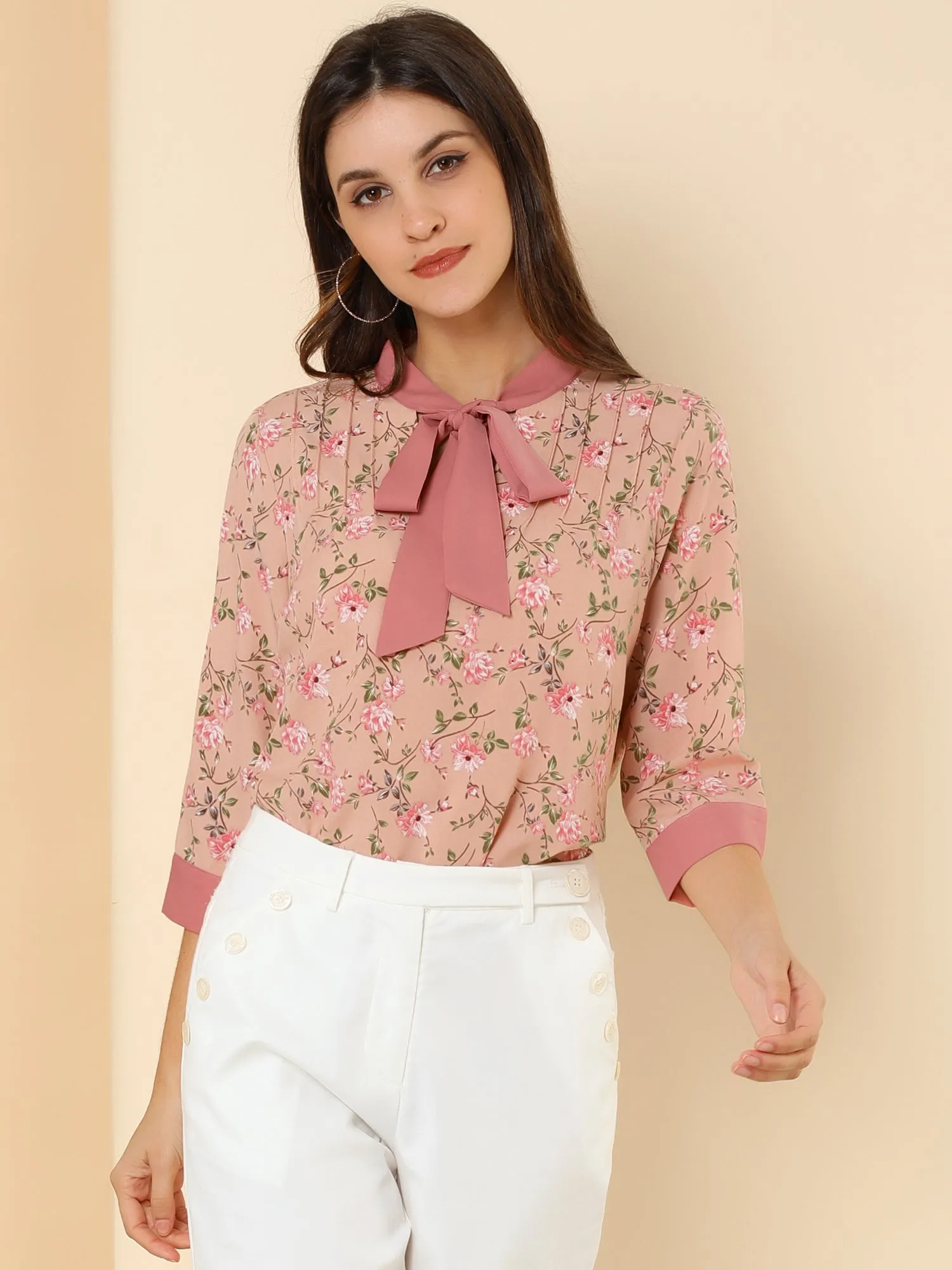 Floral Tops Bow Tie V Neck Contrast Trim 3/4 Sleeve Vintage Blouse