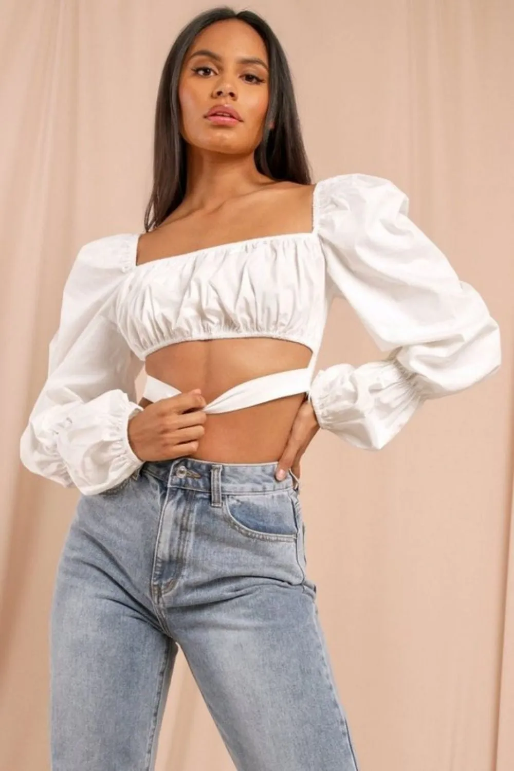 Frilled Front White Puff Sleeves Top