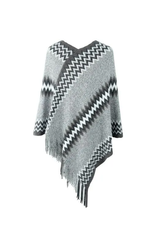 Fringe Hem Striped Cape Sleeve Poncho