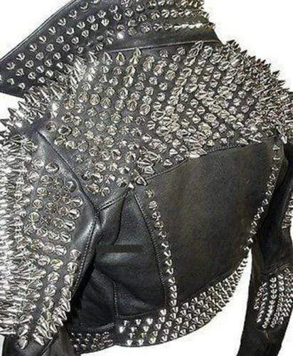 Full Black Punk Brando Silver Spiked Studded Cowhide Leather Jacket