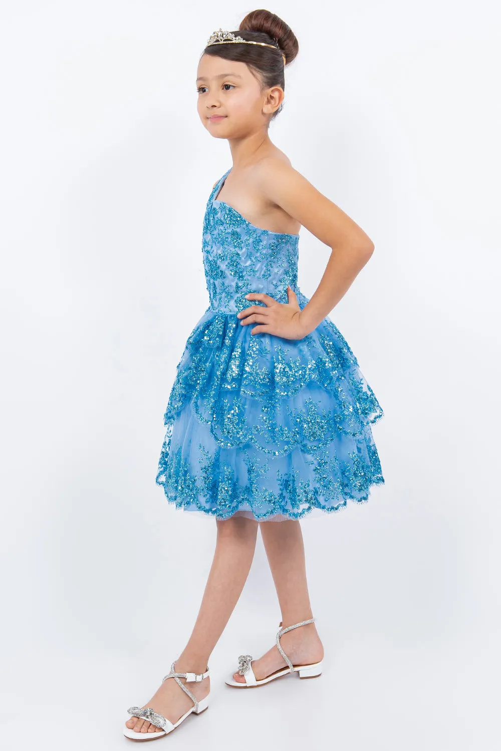 Girls Short One Shoulder Tiered Dress by Cinderella Couture 5132