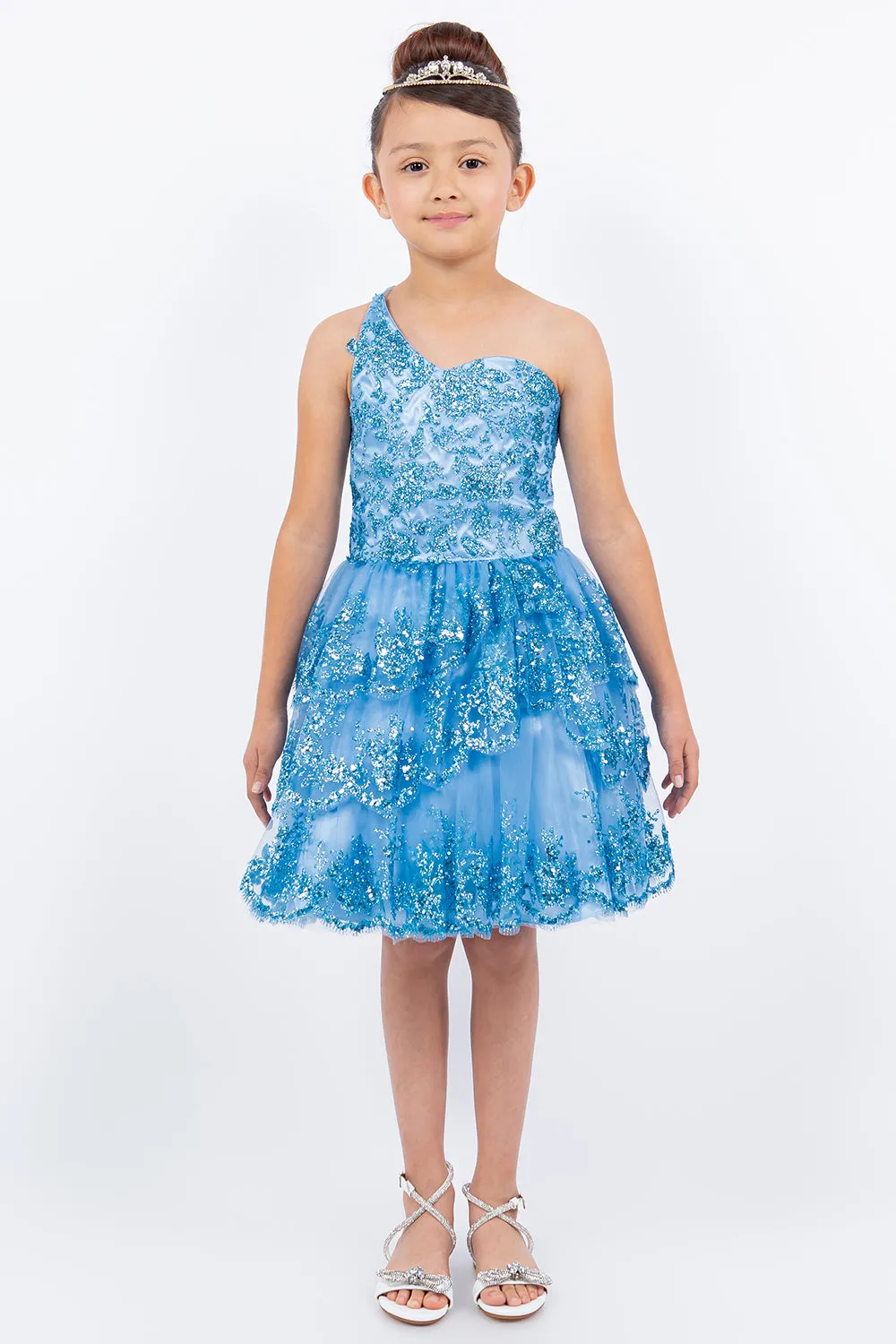 Girls Short One Shoulder Tiered Dress by Cinderella Couture 5132