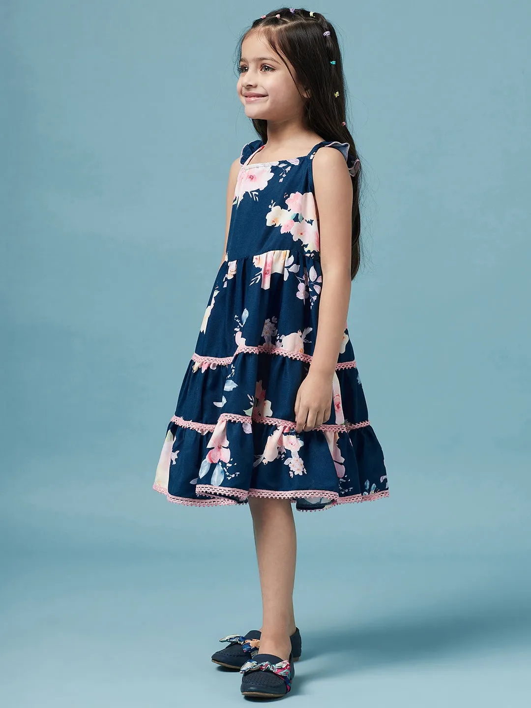 Girls Tiered Floral Printed Fit Flare Dress - Ps Peaches