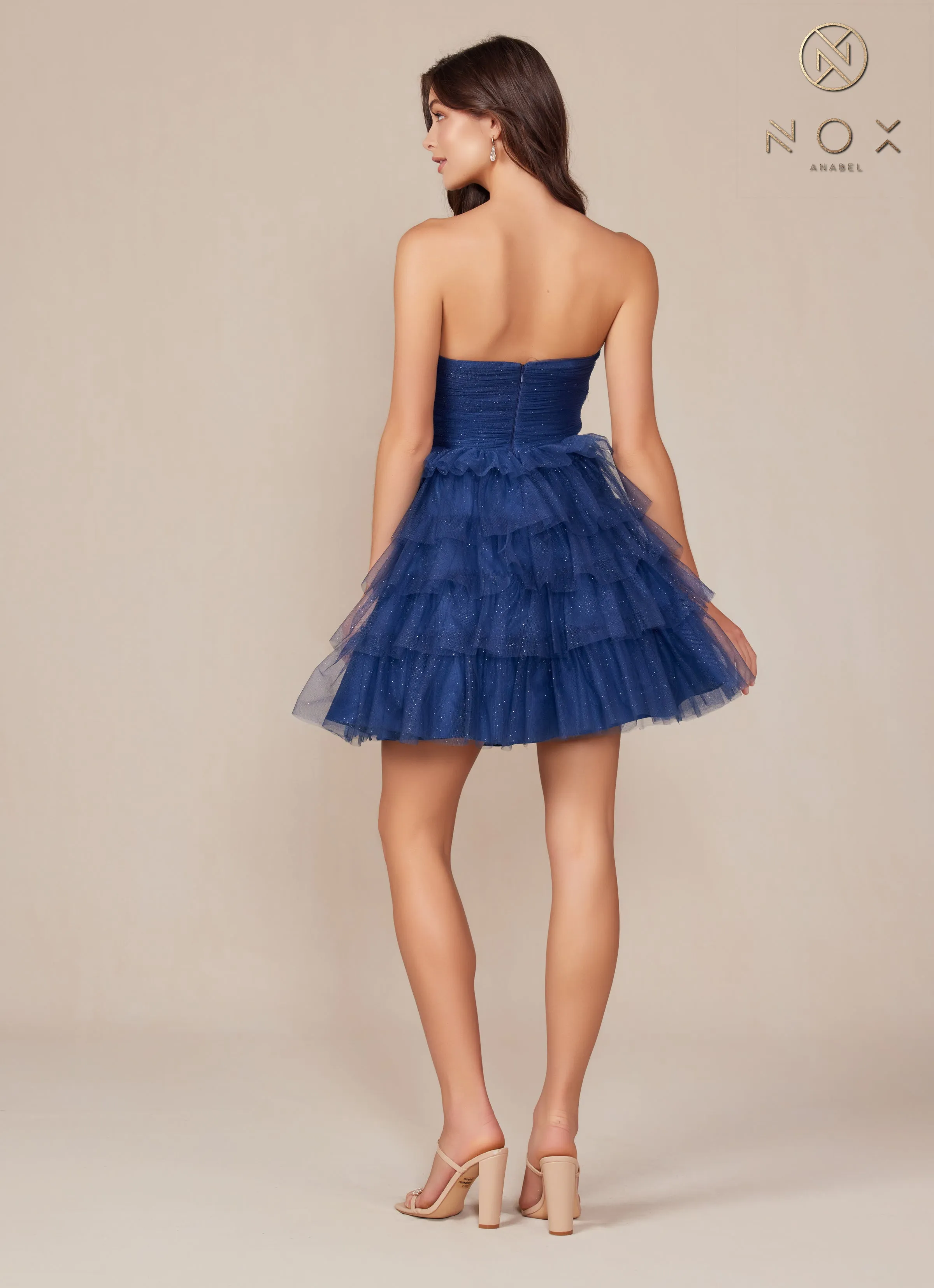 Glitter Short Strapless Tiered Dress by Nox Anabel A827