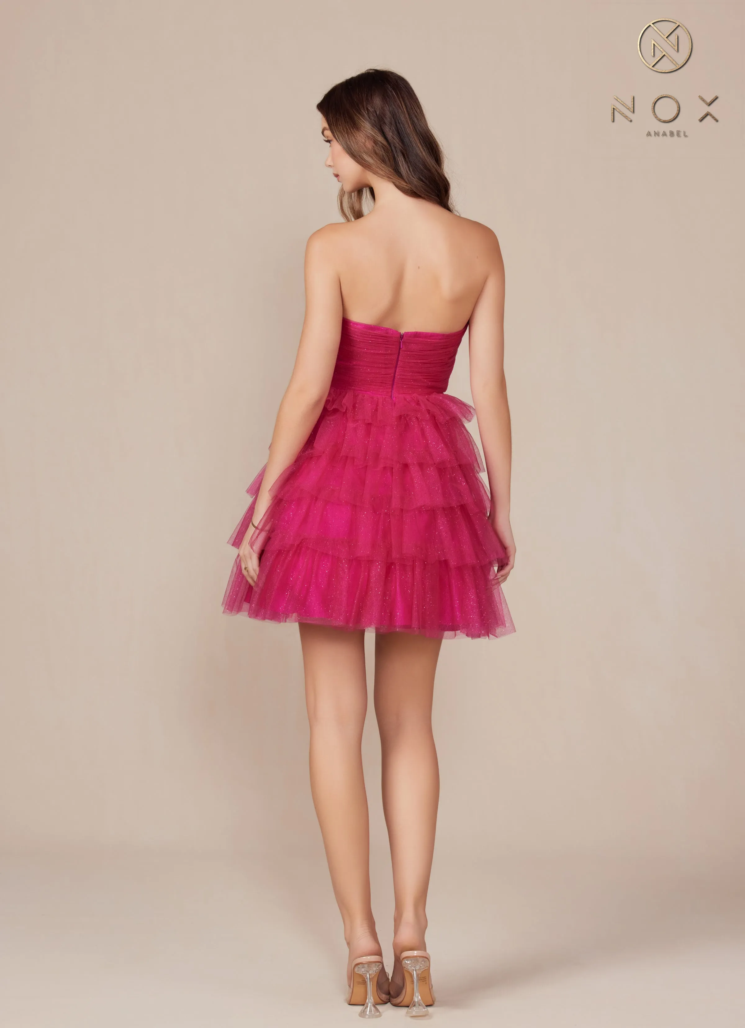 Glitter Short Strapless Tiered Dress by Nox Anabel A827