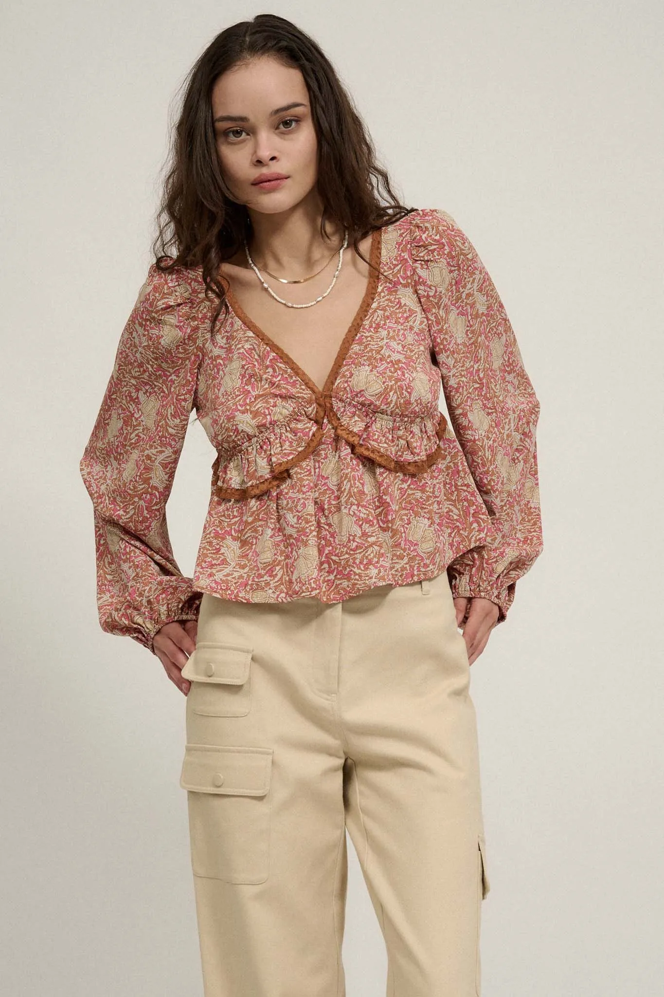 Going for Baroque Lace-Trimmed Floral Peasant Top