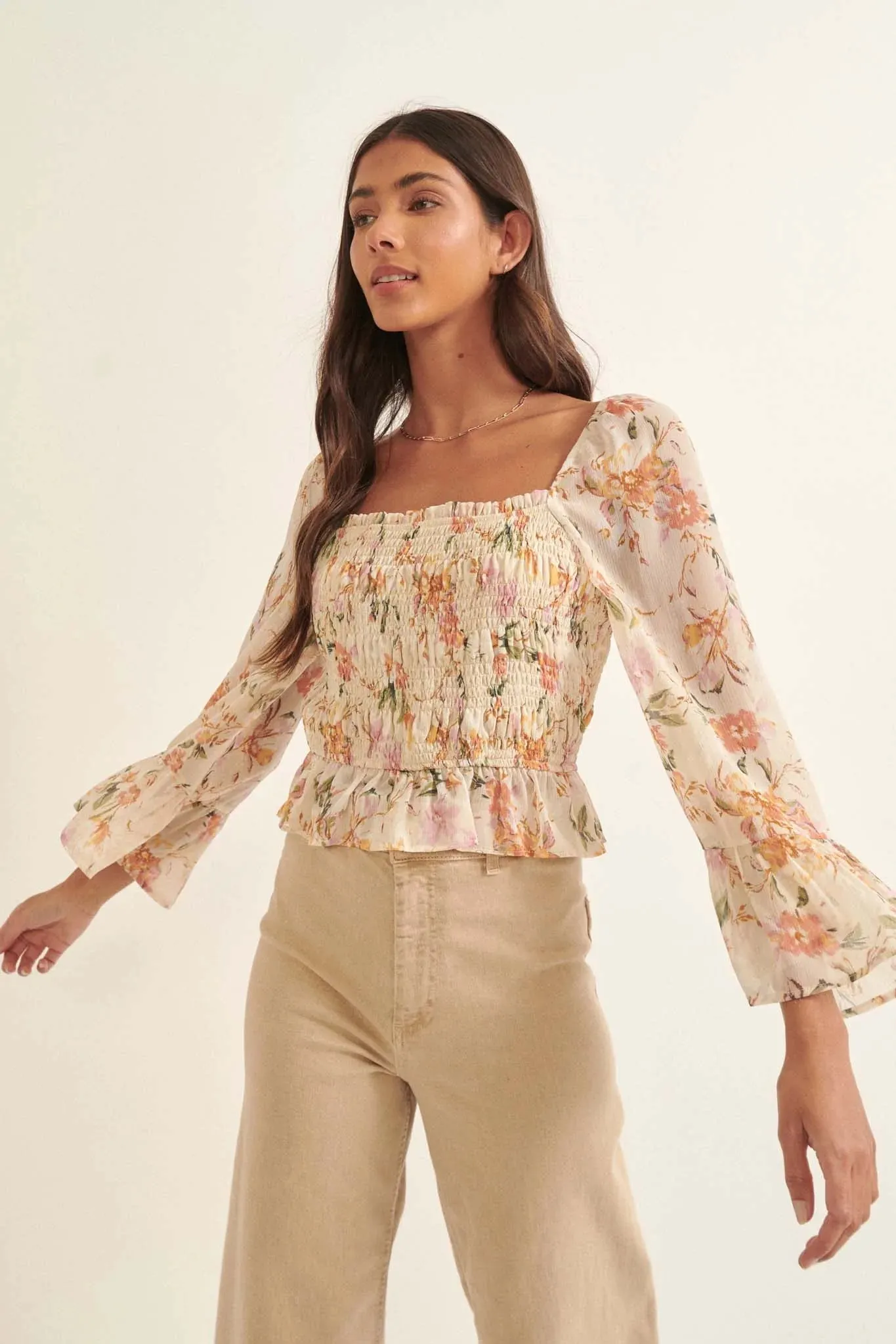 Gossamer Petals Smocked Floral Peasant Top