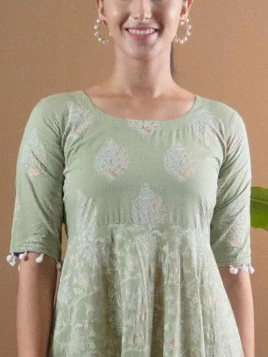 Green Printed Cotton Dress With Mask