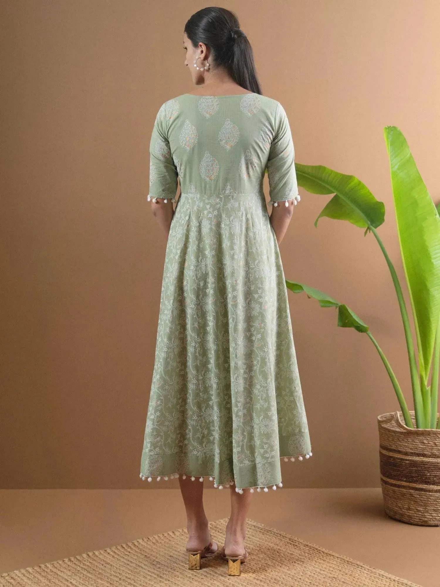 Green Printed Cotton Dress With Mask