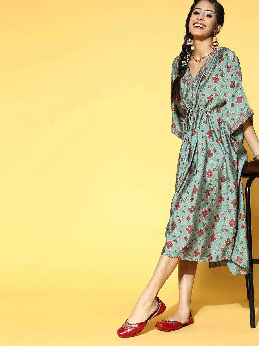 Green Printed Kaftan Dress