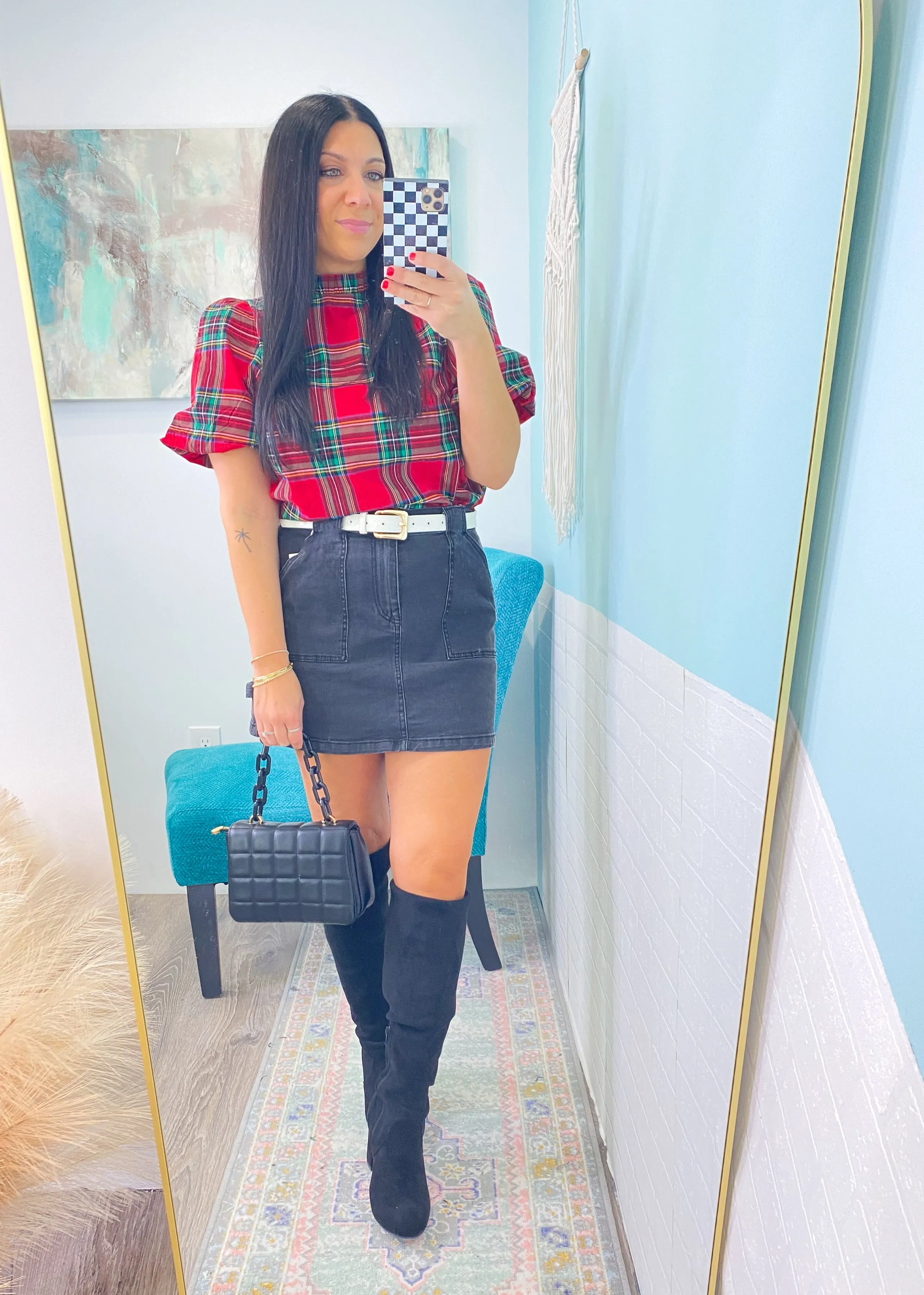 'Happy Everything' Red Plaid Bubble Puff Sleeve Top